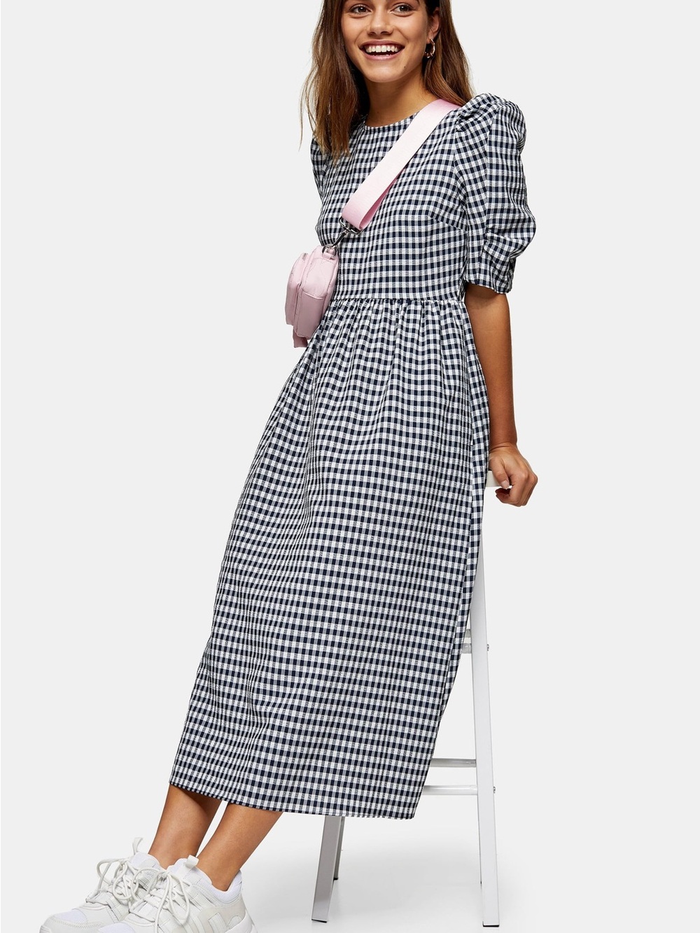 Gingham Puff-Sleeve Midi Dress in Black and White corset back US8